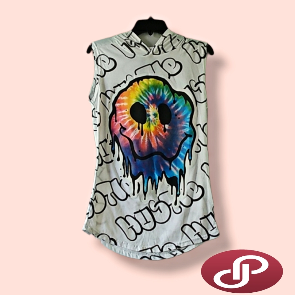 Men's Hustle Gang Sleeveless Trippy Tie-Dye Smiley Face T-Shirt